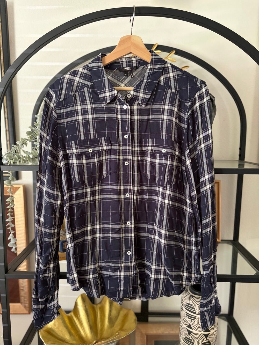 PAIGE Navy and White Plaid Button-Up Shirt